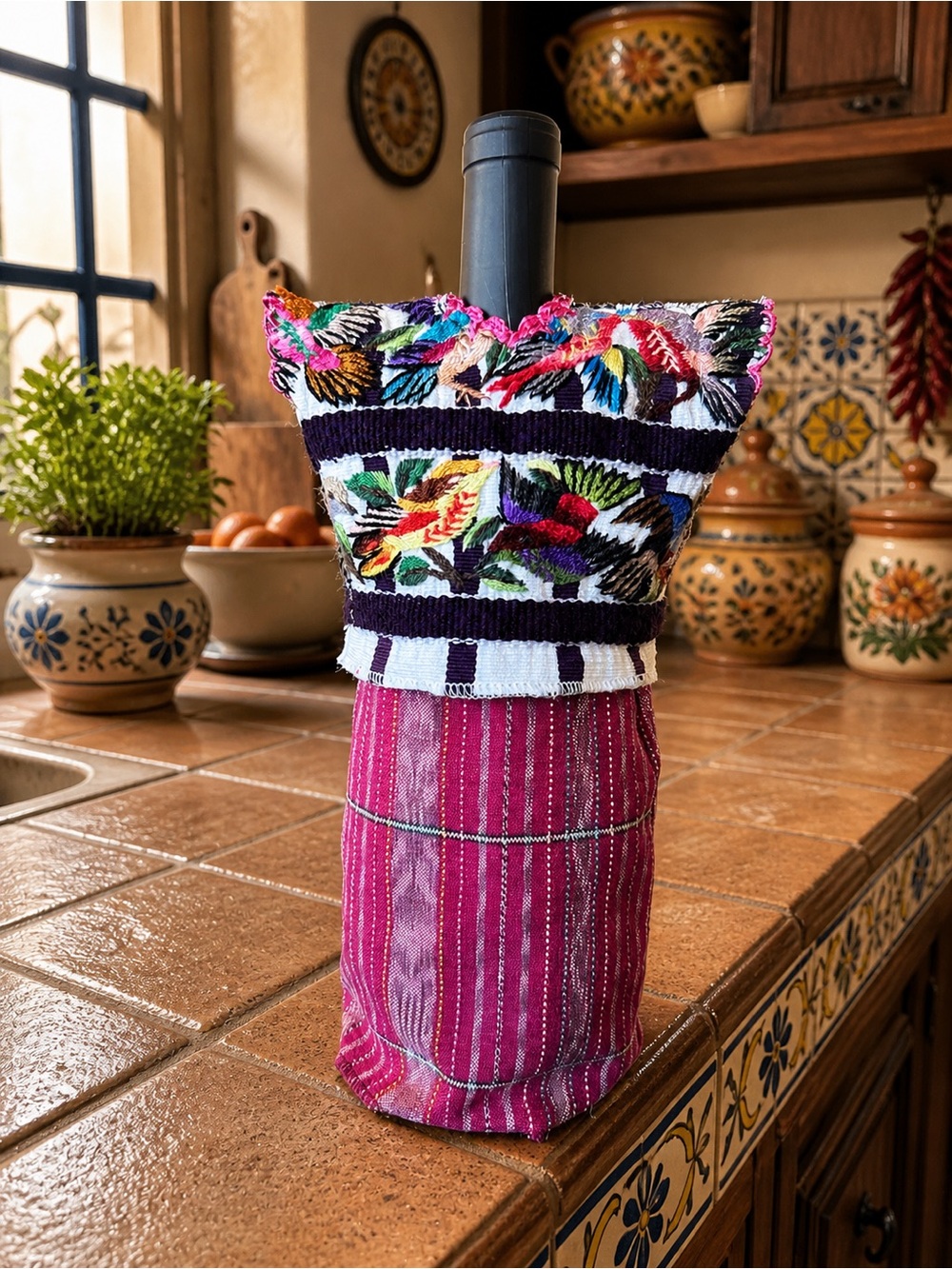 Handcrafted Guatemalan Bird Huipil Wine Bottle Cover